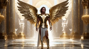 Masterpiece, 4k ultra detail, photo quality, in frame, full body, zoom out observer from a distance, wet textures, cinematic lighting, beautiful male, shiny bright chrome fractal lighted armor, large wings, glorius presence, surounded by light, standing on a marble floor, perfect face, perfect body, perfect symetry. perfect teeth, perfect eyes, perfect hair, perfect lips, perfect nose, perfect feet, perfect legs background is a exstravagant golden palace with an army of angels behind him