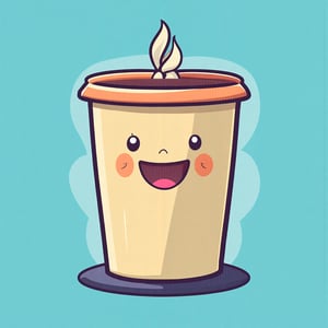 A simple cartoon style vector illustration of a huge cup of coffee with a smiley face on a blue background. The cartoon paper coffee cup is depicted in a flat 2D vector art style, featuring a cute character enjoying a hot coffee. The illustration captures the essence of morning coffee, with the cup next to a smiling face, promoting the message Drink More Coffee in a cartoonish, cute vector style.