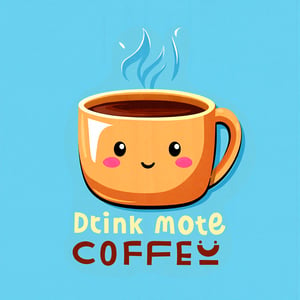 A simple cartoon style vector illustration of a huge cup of coffee with a smiley face on a blue background. The cartoon paper coffee cup is depicted in a flat 2D vector art style, featuring a cute character enjoying a hot coffee. The illustration captures the essence of morning coffee, with the cup next to a smiling face, promoting the message Drink More Coffee in a cartoonish, cute vector style.