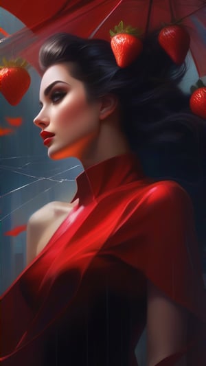 A highly detailed digital painting of an elegant dark-haired woman in a red dress with visible muscles, defined cheekbones, set against a rainy, dark backdrop with spiderwebs. Blend the styles of Vladimir Volegov, Vincent Lefevre, RossDraws, and Charlie Bowater for a breathtaking result, reminiscent of James Gurney's and Lois Van RossDraws' techniques. Infuse the artwork with rich, deep colors and a touch of the sublime, inspired by strawberry fields.