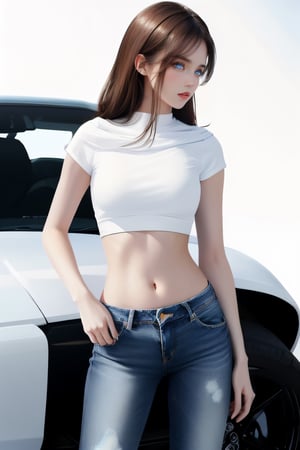 A mesmerizing ((masterpiece)) of a digital painting featuring a cute large cheated girl with dark blue eyes, brown hair, pale white skin, and a confident stance. wearing a stylish white crop top and short blue jeans, standing atop the hood of a sleek sports car.,missionary vaginal