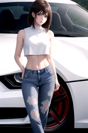 A mesmerizing ((masterpiece)) of a digital painting featuring a cute large cheated girl with dark blue eyes, brown hair, pale white skin, and a confident stance. wearing a stylish white crop top and short blue jeans, standing atop the hood of a sleek sports car.