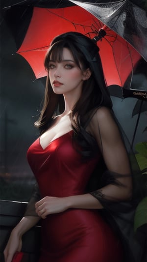 A highly detailed digital painting of an elegant dark-haired woman in a red dress with visible muscles, defined cheekbones, set against a rainy, dark backdrop with spiderwebs. Blend the styles of Vladimir Volegov, Vincent Lefevre, RossDraws, and Charlie Bowater for a breathtaking result, reminiscent of James Gurney's and Lois Van RossDraws' techniques. Infuse the artwork with rich, deep colors and a touch of the sublime, inspired by strawberry fields.