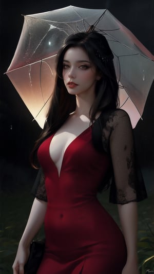 A highly detailed digital painting of an elegant dark-haired woman in a red dress with visible muscles, defined cheekbones, set against a rainy, dark backdrop with spiderwebs. Blend the styles of Vladimir Volegov, Vincent Lefevre, RossDraws, and Charlie Bowater for a breathtaking result, reminiscent of James Gurney's and Lois Van RossDraws' techniques. Infuse the artwork with rich, deep colors and a touch of the sublime, inspired by strawberry fields.