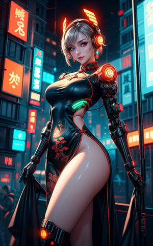 ((1 girl, adorable, happy)), ((chinese_clothes, cheongsam, cyberhanfu)), (headphones, white hair, short hair, blue eyes, makeup), (large breasts, large ass, thick thighs, wide hips, abs, voloptuous), cyberpunk city, dynamic pose, detailed luminous headphones, glowing hair accessories, glowing earrings, glowing necklace, cyberpunk, high-tech city, full of mechanical and futuristic elements, futurism, technology, glowing neon, orange, orange light, transparent streamers, laser, digital background urban sky, big moon