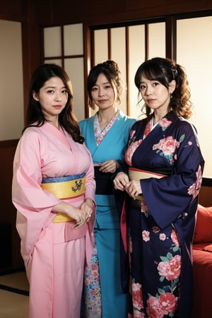 Best quality, raw photo, photorealism, UHD, lifelike rendering),Japanese woman,Japanese mature woman,looking at viewer,milfs,40yo,at living room,
long wavy hair,wrinkles, jmatures,(3 girls:1.2),standing,kimono