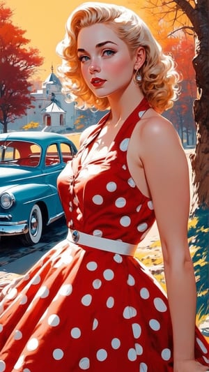 A girl in the 1950s, outdoor, sunny, (masterpiece, top quality, best quality, official art, beautiful and aesthetic:1.2), (1girl:1.4), in ((red polkatot halterneck circle dress)), blonde hair, portrait, extreme detailed, highest detailed, springtime,colorful,,circle dress