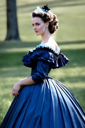digital photo, (((full height)))(( distant shot)), beautiful woman, 25, dark hair, in updo, wearing wearing blue ruffled satin victorian hoopdress, turning towards camera, evening light, slight smile, morning light, fine skin detail with pores and blemishes,hoopdress
