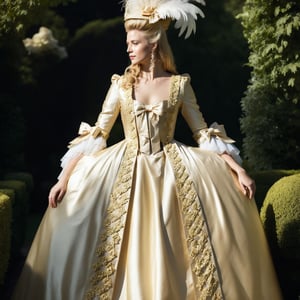 distant, full height, photo of beautiful blonde woman in (very detailed with bows) embroidered gold shiny satin, georgian gown, 
hat with feather, in beautiful garden, , evening lighting,georgian gown
