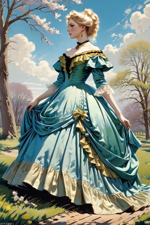 Victorian english woman, outdoor, blue sky, (masterpiece, top quality, best quality, official art, beautiful and aesthetic:1.2), blonde hair, full height image, turning to viewer, extreme detailed, springtime,colorful, green satin victorian dress,hoopdress,greg rutkowski,more detail XL