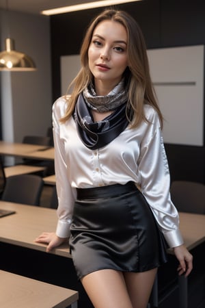 1 woman, digital photo, beautiful English woman, 25, pretty face, fine skin detail with pores and wrinkles, long blonde hair, ((large patterned_satin_scarf ))  in sexy expression, (((satin shirt)))(((tight black_skirt))) in luxury office, dramatic lighting, brokeh,,Detailedface,(PnMakeEnh)