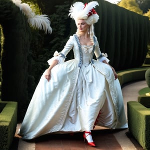 distant, full height, photo of beautiful woman, large white wig with feather in top, ,  in (very detailed with bows) embroidered shiny red_satin, georgian gown, white shoes,  in beautiful garden, walking  , evening lighting,georgian gown,more detail XL
