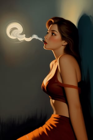 pulp painting style 1girl, leaning on wall, smoking, sexy pose, dramatic lighting