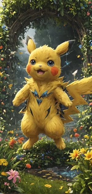 (extremely detailed 8k wallpaper), a medium full body photo of Pikachu of pokemon,intricate, highly detailed, dramatic, playing on a garden, POKEMON AND 1 BOY, REALISTIC,