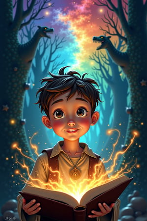 Create an image of a young boy with standing in front of an open book. he appears to be traveling between worlds, as scenes from different fantasy realms emerge from the pages. His eyes are wide with wonder, and he dressed in a flowing outfit that gives a sense of movement. The background shifts between vibrant colors, magical creatures, enchanted forests, and ancient cities, blending seamlessly as if the worlds from the books are coming to life around him
