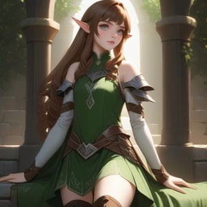 4k, masterpiece, super detailed face, super detailed green eyes,  full body show, feet, hands,  elven female cleric, 1girl, brown_hair, elinalise, armored_dress, armored_boots, standing