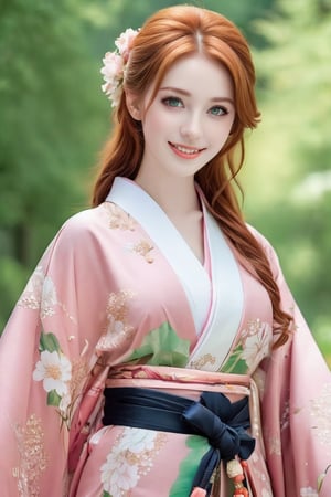 18-year old beautiful European girl  wearing (((pink Japanese kimono))),, cute girl, (light ginger red hair in a traditional kimono hairstyle:1.3), (symmetrical light green eyes:1.2), (pale skin:1.2), happy smiling, (perfect white teeth:1.3), (detailed beautiful face and eyes), perfect body, ((slender body, large breasts, flat stomach, 24" waist, narrow hips)), (natural skin texture, detailed skin texture, skin fuzz), outdoor with lots of greens, full body, close-up, ((facing viewer)), best quality, soft lighting, photography, 12K, UHD, hyper-detailed