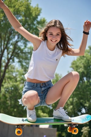 An 18-year old beautiful girl, European girl, brunette hair, pale green eyes, smiling, pro skateboarder ((doing aerial skateboard trick, above ground, defying gravity, skatepark)), wearing (sleeveless white shirt, medium breasts, denim shorts, sneakers), cinematic, dramatic, close-up, facing viewer, best quality, professional photograph, 12K, natural lighting, centered, masterpiece, sharp focus, UHD, hyperdetailed,photo r3al, cinematic moviemaker style,Cinematic 