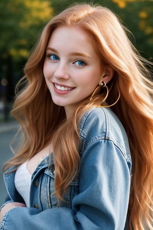 A beautiful girl, long strawberry blonde hair, (hanging hair over one shoulder:1.2), 18-year old European girl, playful smile, (perfect white teeth), (detailed cerulean eyes:1.1), detailed beautiful face and eyes, earrings, perfect body, denim jacket, cleavage, city park background, close-up, best quality, masterpiece, natural soft lighting, photography, 12K, UHD, hyper-detailed