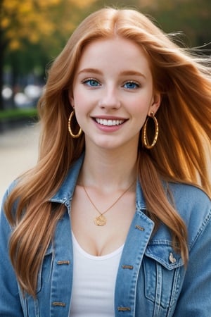A beautiful girl, long strawberry blonde hair, (hanging hair over shoulder), 18-year old European girl, playful smile, (perfect white teeth), (detailed cerulean eyes:1.1), detailed beautiful face and eyes, earrings, perfect body, denim jacket, cleavage, city park background, close-up, best quality, masterpiece, natural soft lighting, photography, 12K, UHD, hyper-detailed