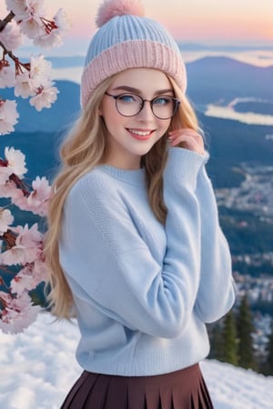 A beautiful girl, 18-year old European girl, smiling, (perfect white teeth), perfect body, wearing (sweater) and ((dark pleated skirt)), (beanie with long blonde hair), (rimless eyeglasses), (detailed beautiful face and eyes), (natural skin texture, detailed skin texture, skin fuzz), (real_hands), (((cherry blossoms in winter))), (snow on ground), ((sunset at Grouse Mountain in a distance)), beautiful and aesthetic, facing viewer, (full body shot), best quality, photography, 12K, dynamic lighting, UHD, hyper-detailed, (perfect symmetrical pale blue eyes)