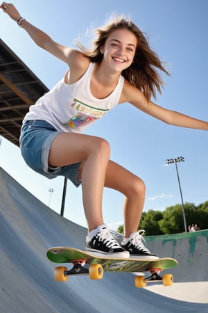 An 18-year old beautiful girl, European girl, brunette hair, pale green eyes, smiling, pro skateboarder ((doing aerial skateboard trick, above ground, defying gravity, skatepark)), wearing (sleeveless white shirt, medium breasts, denim shorts, sneakers), cinematic, dramatic, close-up, facing viewer, best quality, professional photograph, 12K, natural lighting, centered, masterpiece, sharp focus, UHD, hyperdetailed