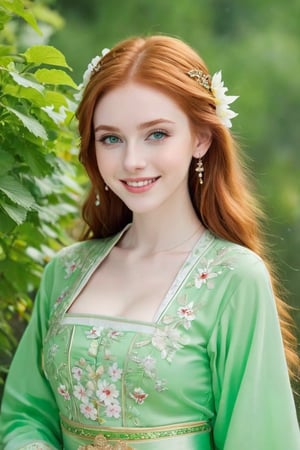 18-year old beautiful European girl, cute girl, (long light ginger red hair:1.3), (symmetrical light green eyes:1.2), (pale skin:1.2), happy smiling, (perfect white teeth:1.3), (detailed beautiful face and eyes), earrings, perfect body, ((slender body, large breasts, flat stomach, 24" waist, narrow hips)), wearing ((Chinese folk costume)), (natural skin texture, detailed skin texture, skin fuzz), outdoor with lots of greens, full body, close-up, ((facing viewer)), best quality, soft lighting, photography, 12K, UHD, hyper-detailed