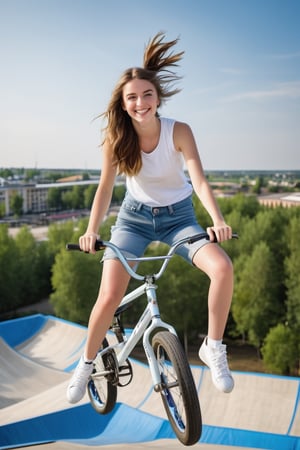 An 18-year old beautiful girl, European girl, brunette hair, (beautiful big pale blue eyes), smiling, pro BMX rider, (((doing BMX aerial trick, flying above ground, defying gravity))), wearing (sleeveless white shirt, large breasts), (denim shorts:1.4), sneakers, (((detailed BMX bicycle))), BMX freestyle park, realhands, cinematic, dramatic, close-up, facing viewer, best quality, professional photograph, centered, 12K, natural lighting, high contrast, sharp focus, UHD, hyperdetailed
