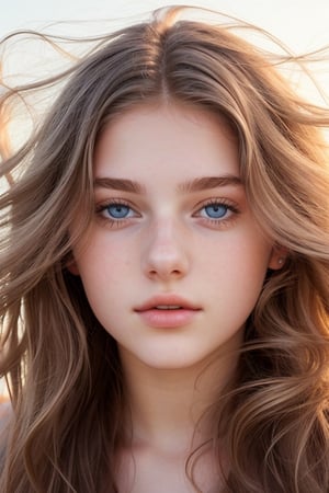 An 18-year old European girl, gentle breeze, (hair floating on her face and eyes:1.3), sensual, facing viewer, best quality, photography, 12k, perfect lighting, hyper-detailed