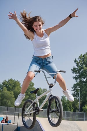 An 18-year old beautiful girl, European girl, brunette hair, (beautiful big pale blue eyes), smiling, pro BMX rider, (((doing BMX aerial flip, flying above ground, defying gravity))), wearing (sleeveless white shirt, large breasts), (denim shorts:1.4), sneakers, (((detailed BMX bicycle))), BMX freestyle park, realhands, cinematic, dramatic, close-up, facing viewer, best quality, professional photograph, centered, 12K, natural lighting, high contrast, sharp focus, UHD, hyperdetailed