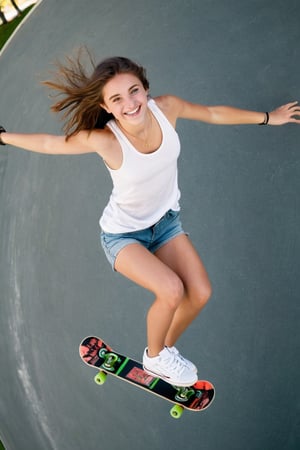 An 18-year old beautiful girl, European girl, brunette hair, (pale green eyes), smiling, pro skateboarder ((doing aerial skateboard trick, above ground, defying gravity)), skatepark, wearing (sleeveless white shirt, medium breasts, denim shorts, sneakers), cinematic, dramatic, close-up, facing viewer, best quality, professional photograph, 12K, natural lighting, centered, masterpiece, sharp focus, UHD, hyperdetailed
,perfect eyes,FLASH PHOTOGRAPHY