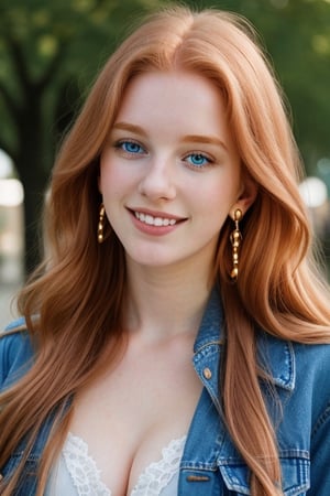 A beautiful girl, long strawberry blonde hair, hair over one shoulder, 18-year  old European girl, playful smile, (detailed cerulean eyes:1.1), detailed beautiful face and eyes, earrings, perfect body, denim jacket, cleavage, city park background, close-up, best quality, masterpiece, natural soft lighting, photography, 12K, UHD, hyper-detailed