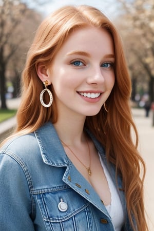 A beautiful girl, long strawberry blonde hair, (hanging hair over shoulder), 18-year old European girl, playful smile, (perfect white teeth), (detailed cerulean eyes:1.1), detailed beautiful face and eyes, earrings, perfect body, denim jacket, cleavage, city park background, close-up, best quality, masterpiece, natural soft lighting, photography, 12K, UHD, hyper-detailed