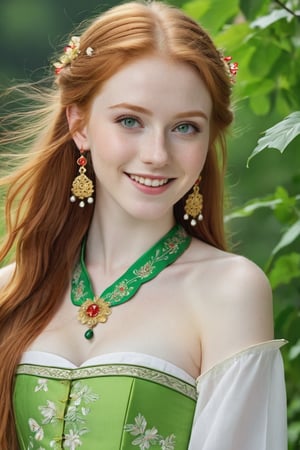 18-year old beautiful European girl, cute girl, (long light ginger red hair:1.3), (symmetrical light green eyes:1.2), (pale skin:1.2), happy smiling, (perfect white teeth:1.3), (detailed beautiful face and eyes), earrings, perfect body, ((slender body, large breasts, flat stomach, 24" waist, narrow hips)), wearing ((Chinese folk costume)), (natural skin texture, detailed skin texture, skin fuzz), outdoor with lots of greens, full body, close-up, ((facing viewer)), best quality, soft lighting, photography, 12K, UHD, hyper-detailed