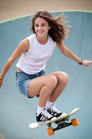 An 18-year old beautiful girl, European girl, brunette hair, pale green eyes, smiling, pro skateboarder ((doing aerial skateboard trick, above ground, defying gravity, skatepark)), wearing (sleeveless white shirt, medium breasts, denim shorts, sneakers), cinematic, dramatic, close-up, facing viewer, best quality, professional photograph, 12K, natural lighting, centered, masterpiece, sharp focus, UHD, hyperdetailed,perfecteyes