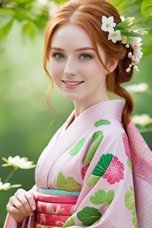 18-year old beautiful European girl  wearing (((pink Japanese kimono))),, cute girl, (light ginger red hair in a traditional kimono hairstyle:1.3), (symmetrical light green eyes:1.2), (pale skin:1.2), happy smiling, (perfect white teeth:1.3), (detailed beautiful face and eyes), perfect body, ((slender body, large breasts, flat stomach, 24" waist, narrow hips)), (natural skin texture, detailed skin texture, skin fuzz), outdoor with lots of greens, full body, close-up, ((facing viewer)), best quality, soft lighting, photography, 12K, UHD, hyper-detailed