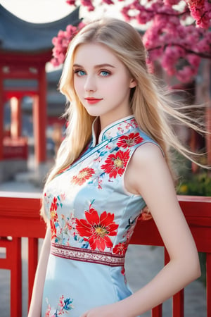 An 18-year old beautiful European girl, (perfect symmetrical blue eyes, eyes yearning to connect), long blonde hair, (fair skin:1.2), (beautiful face and eyes), wearing a (white with red floral patterns Chinese sleeveless cheongsam), (slender body, large breasts), (24” waist, flat stomach, narrow hips, real_hands, perfect legs), (bustling vibrant city background, bokeh), (natural skin texture, detailed skin texture, skin fuzz), facing the viewer, full body, photography, 12K, UHD, natural lighting, sharp focus, high contrast, hyper-detailed