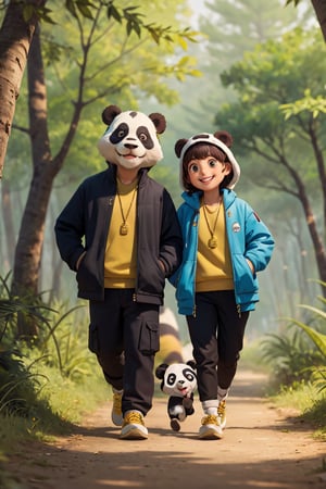 Draw Lucas, a smiling Panda, holding his gold chain in neck  , Bolt,  as they walk through the forest together.