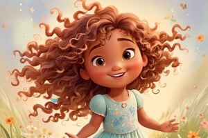 full body, whole body, CHUBBY, Vintage watercolor , beautiful kid with curly long hair, dark tan skin tone,  happy face, head up, wind in hair, arms raised, a simple minimal art with soft colors, using Boho style, tale of fairy, realistic and detailed hair, not laminated, Disney movie close-up of a cartoon character, cute detailed digital art, digital painting, girl portrait, high quality 8k detailed art, loish and wlop, winx cartoon style , cartoon digital painting art, cute digital art, detailed digital painting, 3D, Smiling, Nature