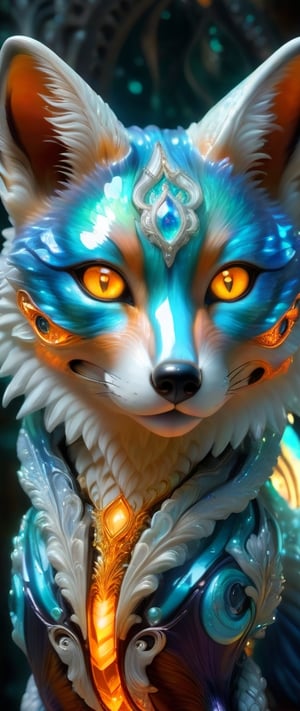 Photo of a beautiful majolica fox with translucent scales emitting glowing cosmic energy and radiance with glowing fractal glass elements, awe inspiring sense of beauty, flawless masterpiece, UHD,  hyperdetailed face,  hyperdetailed eyes, bacteria art style, galaxy, looking at mirror, 35mm digital photograph ,huayu,Magical Fantasy style