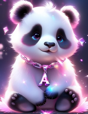 cute white and pink fluffy little panda, "A" Letter necklace chain around neck magical, white wisps of magical smoke wisp away from him in all directions his eyes color in pink, Broken Glass effect, no background, stunning, something that even doesn't exist, mythical being, energy, molecular, textures, iridescent and luminescent scales, breathtaking beauty, pure perfection, divine presence, unforgettable, impressive, breathtaking beauty, Volumetric light, auras, rays, vivid colors reflects