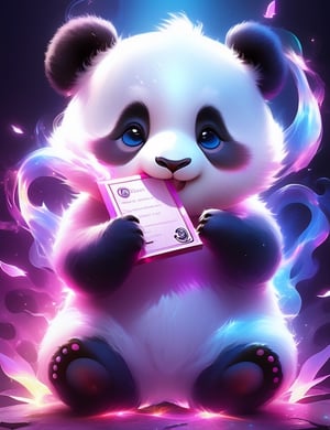 cute white and pink fluffy little panda with a letter in his hand, magical, white wisps of magical smoke wisp away from him in all directions his eyes color in pink, Broken Glass effect, no background, stunning, something that even doesn't exist, mythical being, energy, molecular, textures, iridescent and luminescent scales, breathtaking beauty, pure perfection, divine presence, unforgettable, impressive, breathtaking beauty, Volumetric light, auras, rays, vivid colors reflects