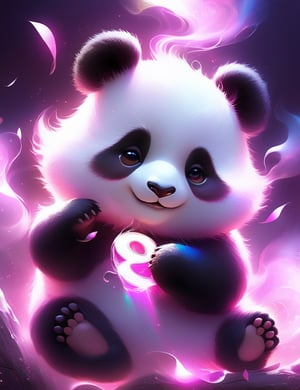 cute white and pink fluffy little panda with a letter in his hand, magical, white wisps of magical smoke wisp away from him in all directions his eyes color in pink, Broken Glass effect, no background, stunning, something that even doesn't exist, mythical being, energy, molecular, textures, iridescent and luminescent scales, breathtaking beauty, pure perfection, divine presence, unforgettable, impressive, breathtaking beauty, Volumetric light, auras, rays, vivid colors reflects