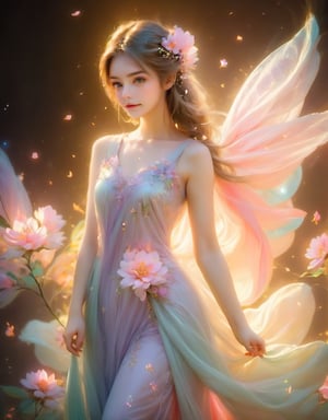 a woman with a long dress and flowers in her hair, lady with glowing flowers dress, cgsociety 9, gorgeous digital art, beautiful digital artwork, stunning 3d render of a fairy, stunning digital art, 🌺 cgsociety, breathtaking digital art, blurred and dreamy illustration, exquisite digital illustration, blurry and dreamy illustration, gorgeous digital painting, stunning digital illustration,High detailed ,SMMars,huayu,ellafreya