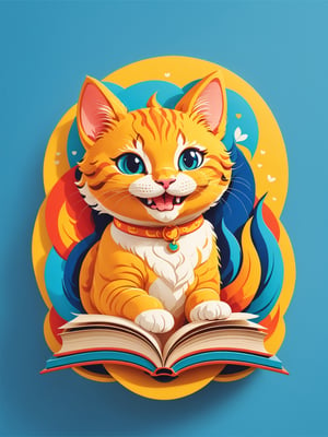 A cat's face, smiling and happy, with a book in their hands. The book is open, and the pages are filled with colorful illustrations. The background is a bright and cheerful color, such as yellow or blue. The word "Happy" is written in a playful font, and it is prominently displayed in the logo.