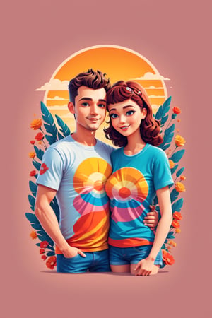 Cute couple, embracing each other, in a highly detailed t-shirt graphic design, with a retro theme, Retro, Illustration, Vector image, Colorful shades, Flat design, Photorealistic, Professional photography, Simple sunrise backdrop, Isometric, Vibrant colors, Flat white background

