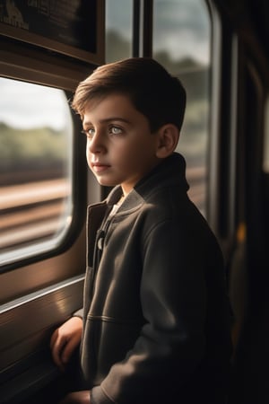 Boy, looking out, train window, train platform, soft sunlight, Realistic, Photography, DSLR, Portrait, Neutral colors, Outdoor, Natural lighting, High quality, Detailed, Genuine emotion, Human connection


