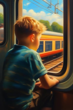 Boy, looking out, train window, train platform, soft sunlight, Van Gogh, Impressionism, oil on canvas, landscape, vibrant, outdoor, 3D, high quality, detailed, romantic, warm colors, Cycles, fantasy, imaginative, oil painting, Pastel, 8K, Pixar

