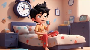 1boy, Simple background, yawning, messy short black hair, pajamas, stretching pose, sleepy eyes, bedroom slippers, solo, tattoo on forearm, desktop wallpaper design, 3D style, 3D toon style, alarm clock showing morning time on bedside table, waking up mood.