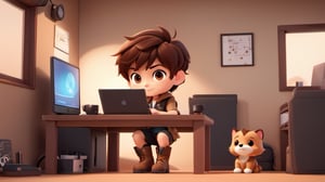 1boy, backpack, soft background, boots, chibi, work on computer, in cozy computer working room, male focus, table, dektop, brown black hair, short hair, simple background, solo, tattoo, desktop wallpaper design ,3d style,3d toon style